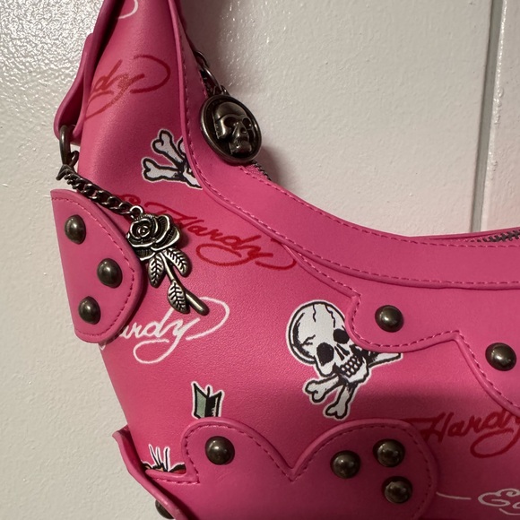 Ed Hardy Hot Pink Skull & Heart Studded Shoulder Bag - Picture 3 of 5